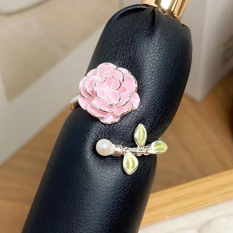 [Flower Rhyme Moe Set] Mori Pink Sweet Enamel Flower Opening Ring White Advanced Sense Stacked Ring Woman