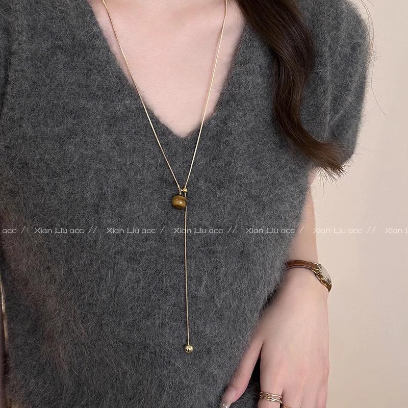 Catena Lunga per Maglione in Pietra Occhio di Tigre - Collana di Lusso Autunno/Inverno 2024 per Donna