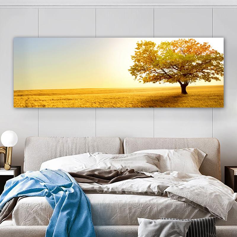 

Modern Panoramic Canvas Painting of A Flower Field At Sunset with Vibrant Greens and Reds 20x60cm