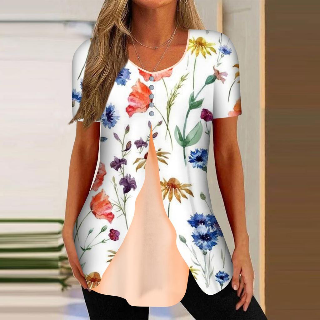 Shirts For Women Short Sleeve Tops Dressy Summer Casual Printed V-neck Irregular Hem Blouses Tees