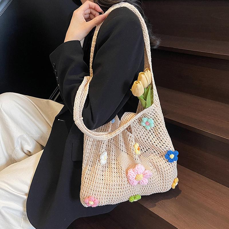 Crochet Mesh Beach Toted Bag,Bohemian Vacation Handbags Aesthetic Knit Shoulder Bag for Women Travel Bag KTB