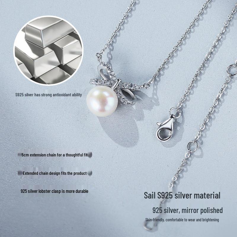 Stylish S925 Sterling Silver Bow Necklace with Freshwater Pearl – Fresh, Versatile Clavicle Chain for Women.