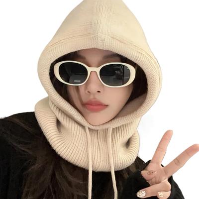 Knitted Hooded Caps Winter Balaclava Hats Women Korean Style Outdoor Warmer Drawstring Hats One-Piece Neck Collar Beanies Cap