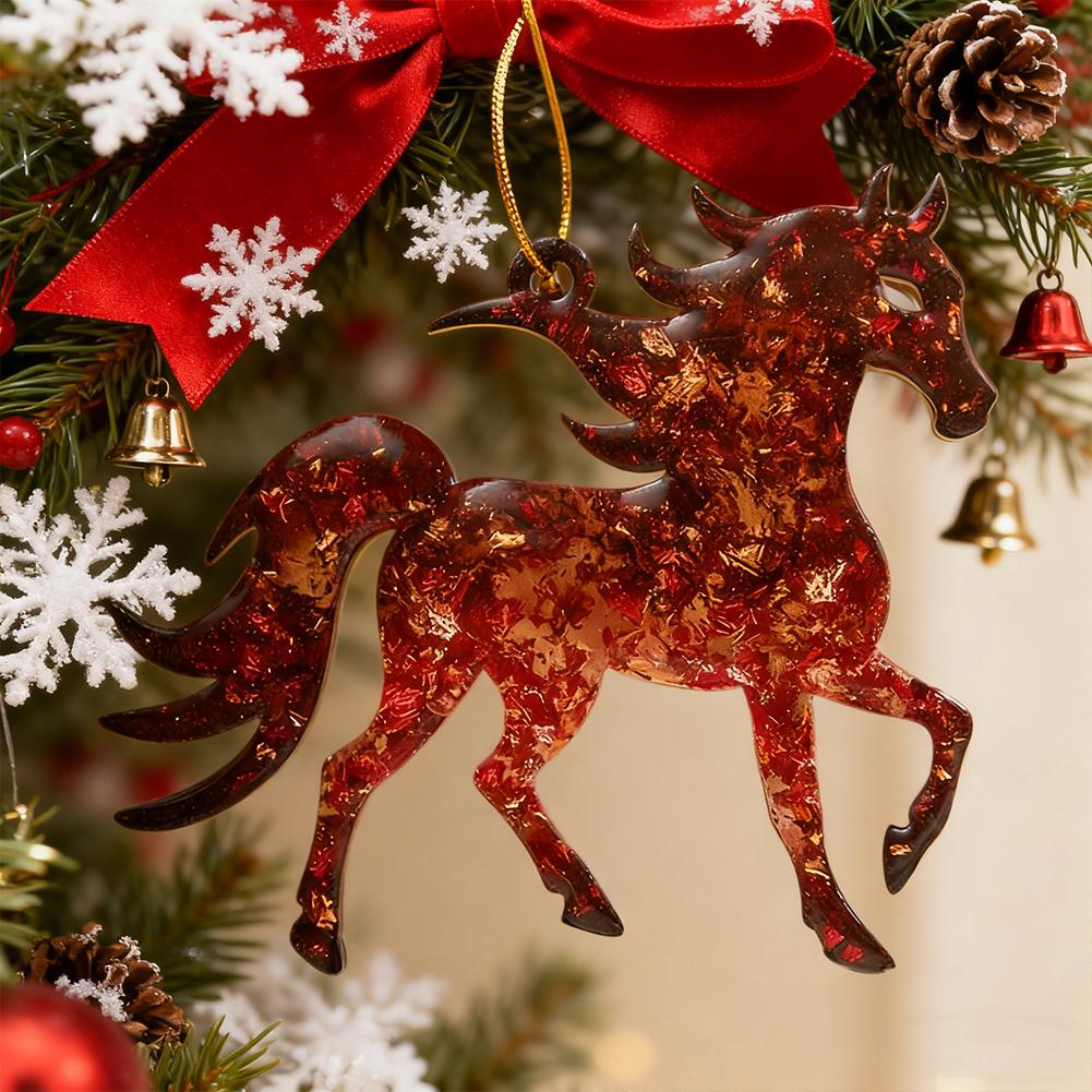 1/4Pcs Golden Flame Horse Christmas Ornament 2D Flat Christmas Horse Pendant Xmas Tree Hanging Pendent New Year Gifts Keychain