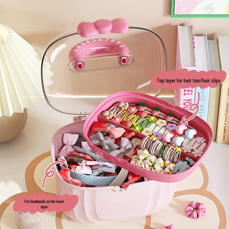 Cute Transparent Double-Layer Handheld Storage Box with Lid and Divided Compartments for Children's Hair Accessories and Jewelry.