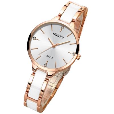 NIBOSI Women's Ceramic Watch, White, Simple, Waterproof, Analog Quartz, Designer, Stylish, Casual, Business, Stainless Steel, Luxury, Gift for Her