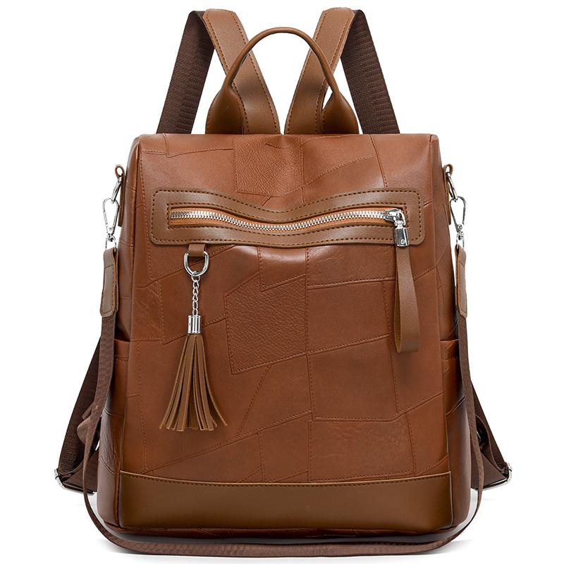 Women's PU Backpack with Patchwork Design Large Capacity Shoulder Bag for Daily Travel