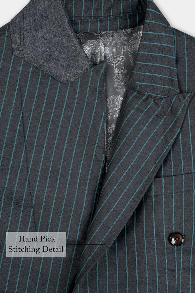 Gravel Gray and Lagoon Blue Striped Wool Rich Double Breasted Blazer
