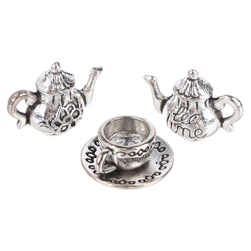 3Pcs 1:12 Dollhouse Miniture Teapot Cup Plate Toy Metal Tea Set Accessories