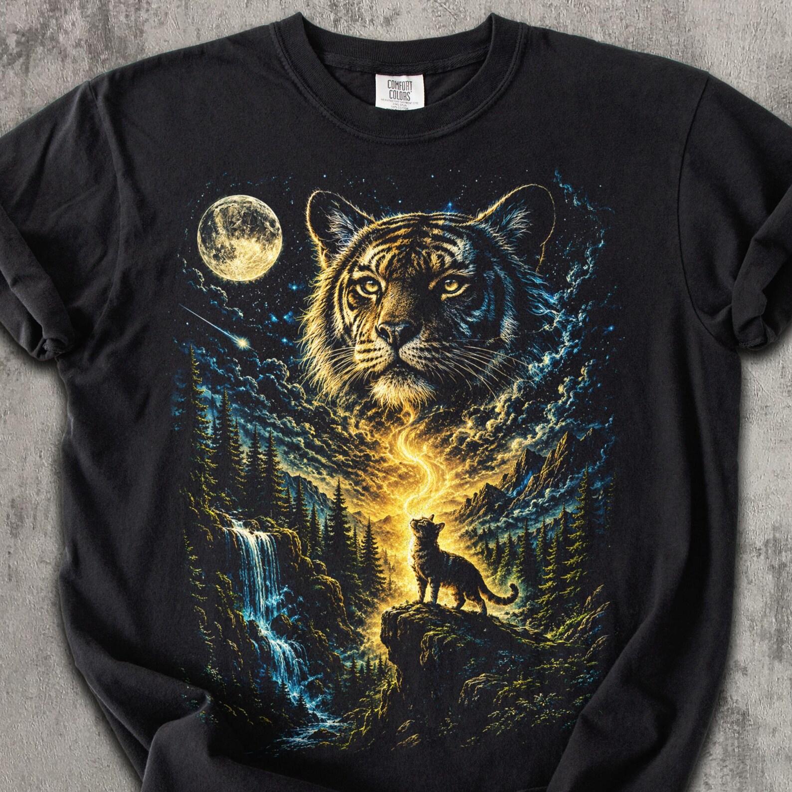 Cat And Tiger Shirt, Moonlit Cat Tiger Art Tee, Mystical Cat Lover Shirt, Fantasy Feline Graphic Tee, Cat Mom Gift, Comfort Colors Shirt L