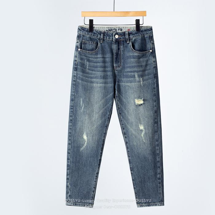 Men's Spring Summer Ripped Hole Jeans Korean Style Straight Leg Casual Harem Denim Pants Washed Baggy Trousers