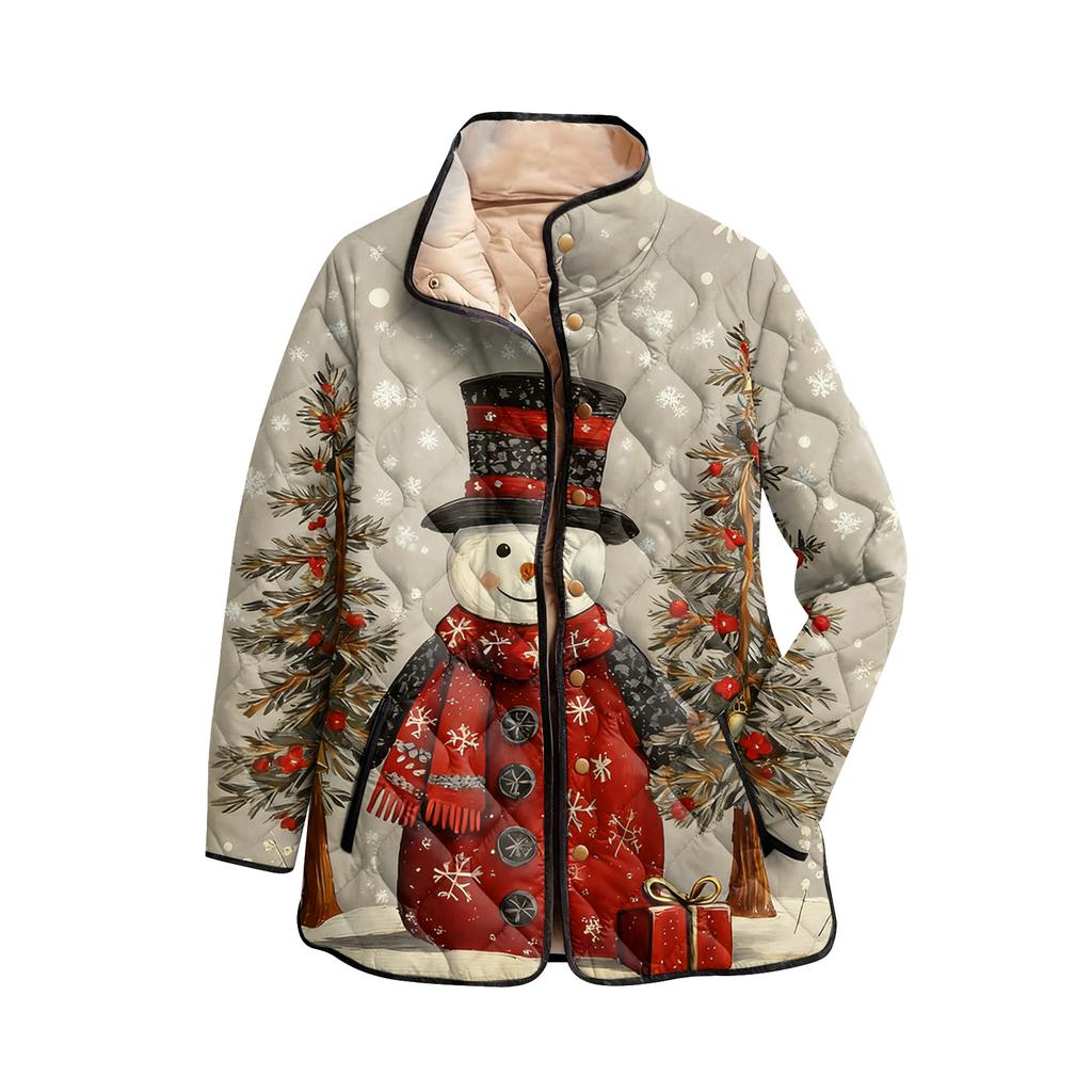 Cappotto da donna in cotone a maniche lunghe imbottito a collo alto con stampa natalizia e bottoni