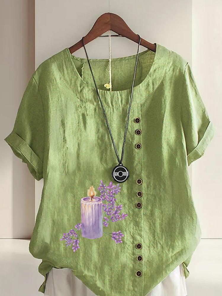 

Women s Fashion Purple Flower Candle Print Shot Sleeve T-shirt Loose Cotton Shirt Casual Loose Summer Plus Size Blouse Tops 5XL зелений