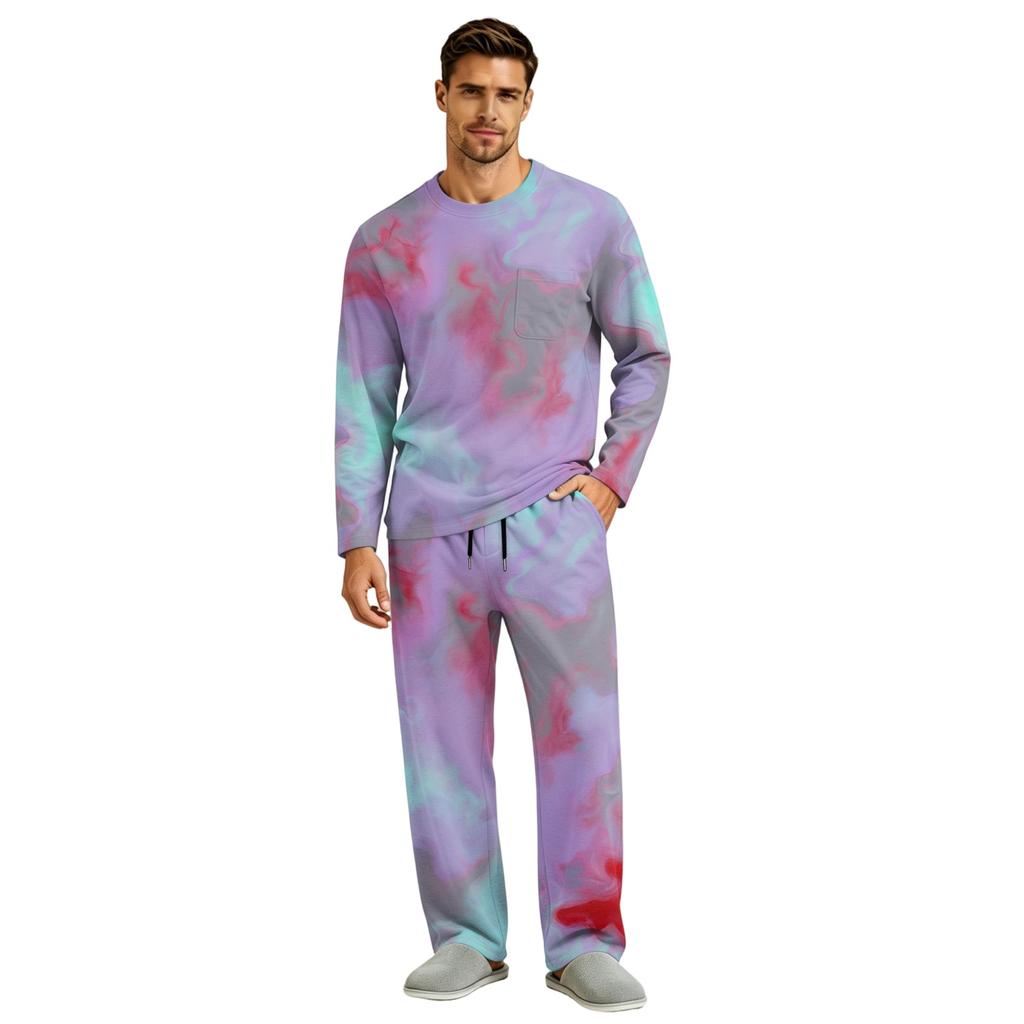 Men's Pajama Set Long Sleeve Top and Pants with Button Fly and Elastic Drawstring Waist