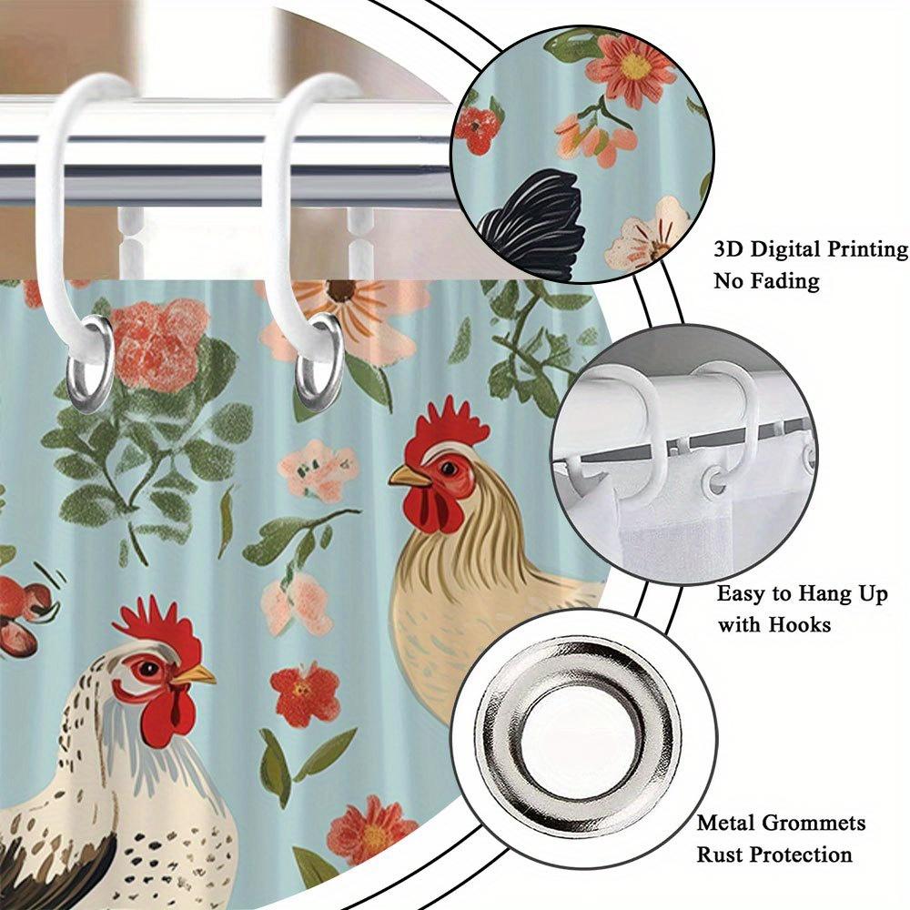 Charming Chicken & Floral Print Waterproof Shower Curtain For Bathroom,Rustic Farmhouse Design High-End Toilet Partition Curtain