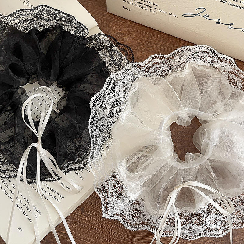Women Tulip Flower Tassel Hair Ties Cute Temperament Lace Stretchy Hair Rope Ponytail Holders Sweet Hair Accessories