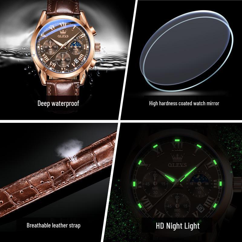 Oulishi Men's Waterproof Luminous Chronograph Quartz Watch with Three-Eye, Six-Hand Design.
