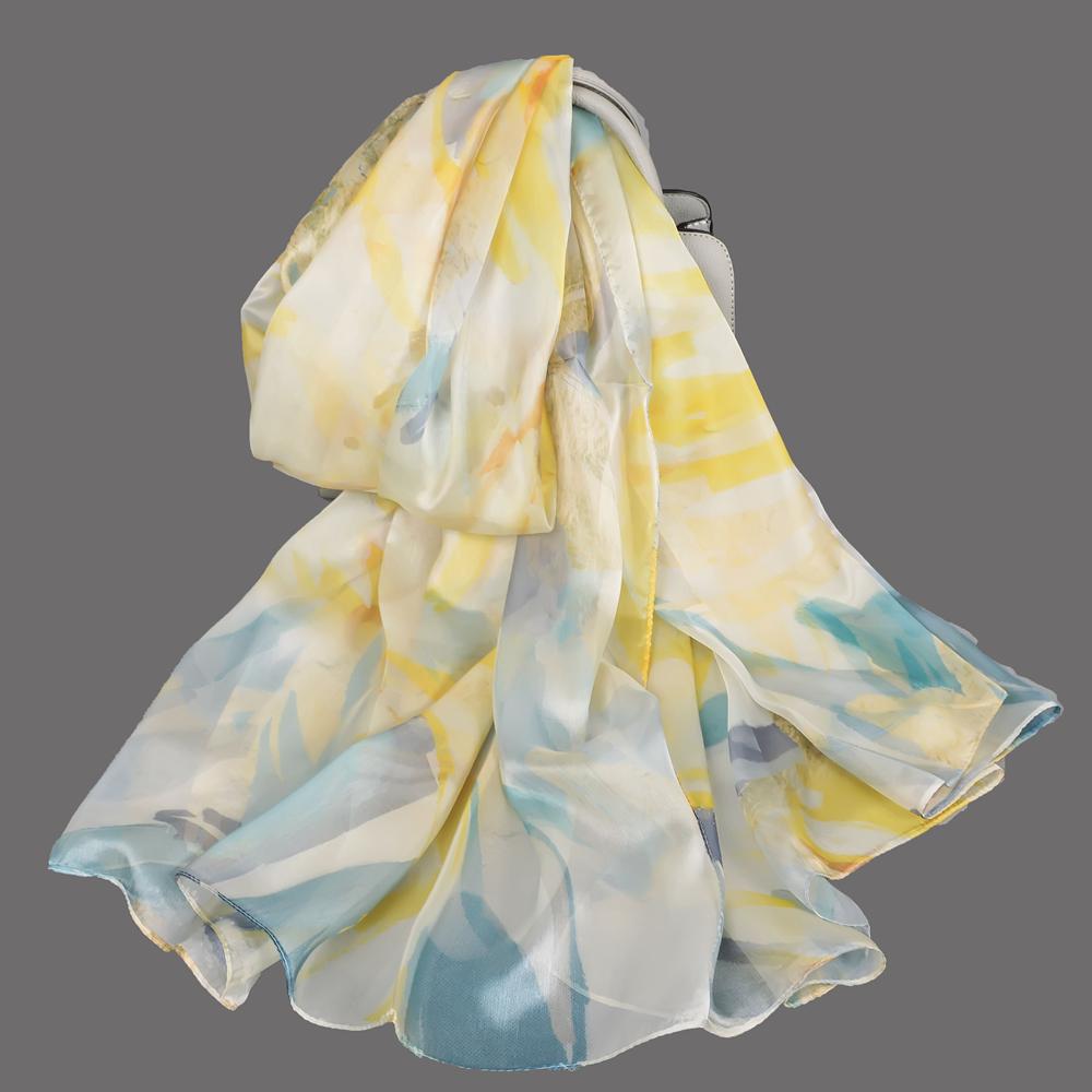 BYSIFA|Blau 100% Seidenchiffon Schal Stola Neu Frühling Herbst Schäferdesign Damen Lange Schals Sommer Strandstola Winterschals