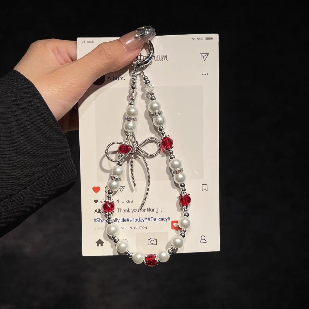 Catena per Cellulare con Perline di Cristallo di Lusso alla Moda Corta da Polso Portatile Decorativa con Fiocco Cordino Sospeso per Telefoni