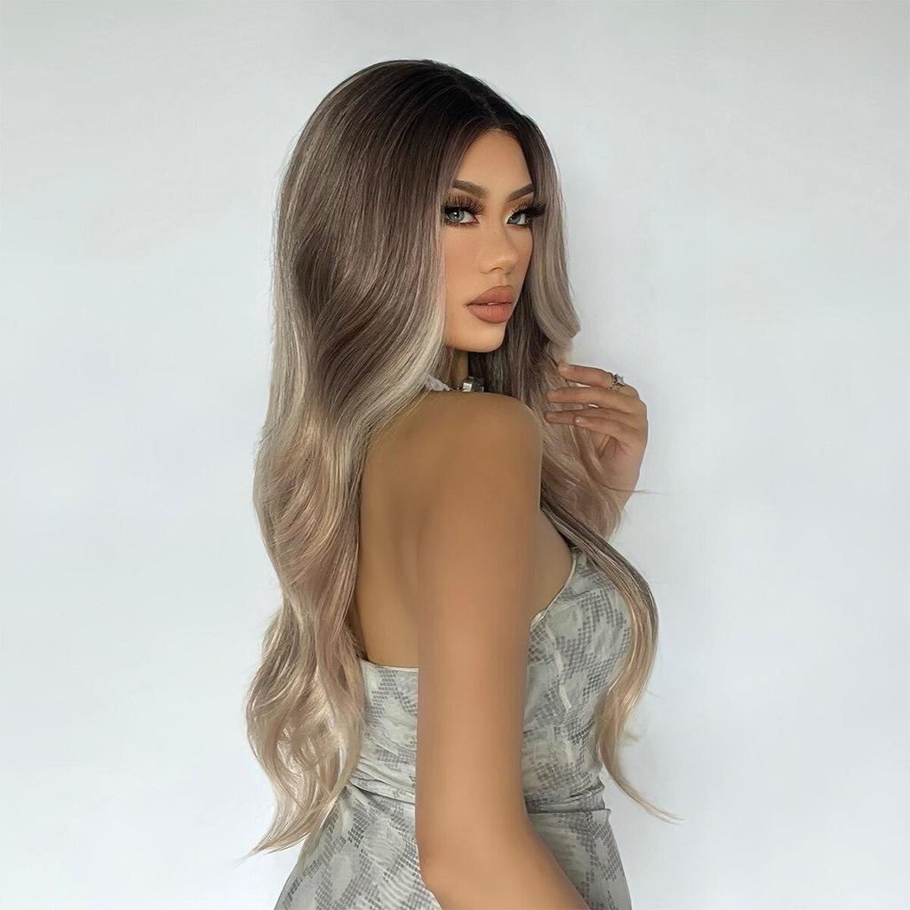 ALAN EATON Ombre Brown Blonde Wave Wigs for Women Synthetic Hand-tied Hairline Part Lace Wig Natural Looking Heat Resistant Wig