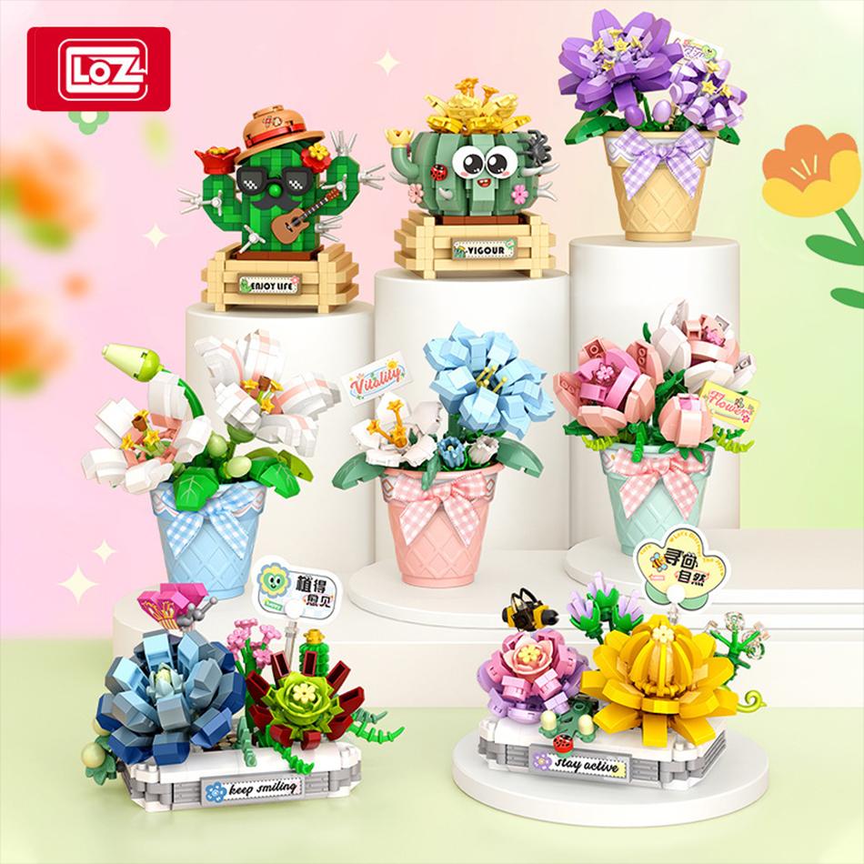 Non-Toxic Loz 3D Bouquet Succulent Plant Cactus Building Block Flower Toy Home Decoration Plant Bricks Rose Assembly Brick Toys Children