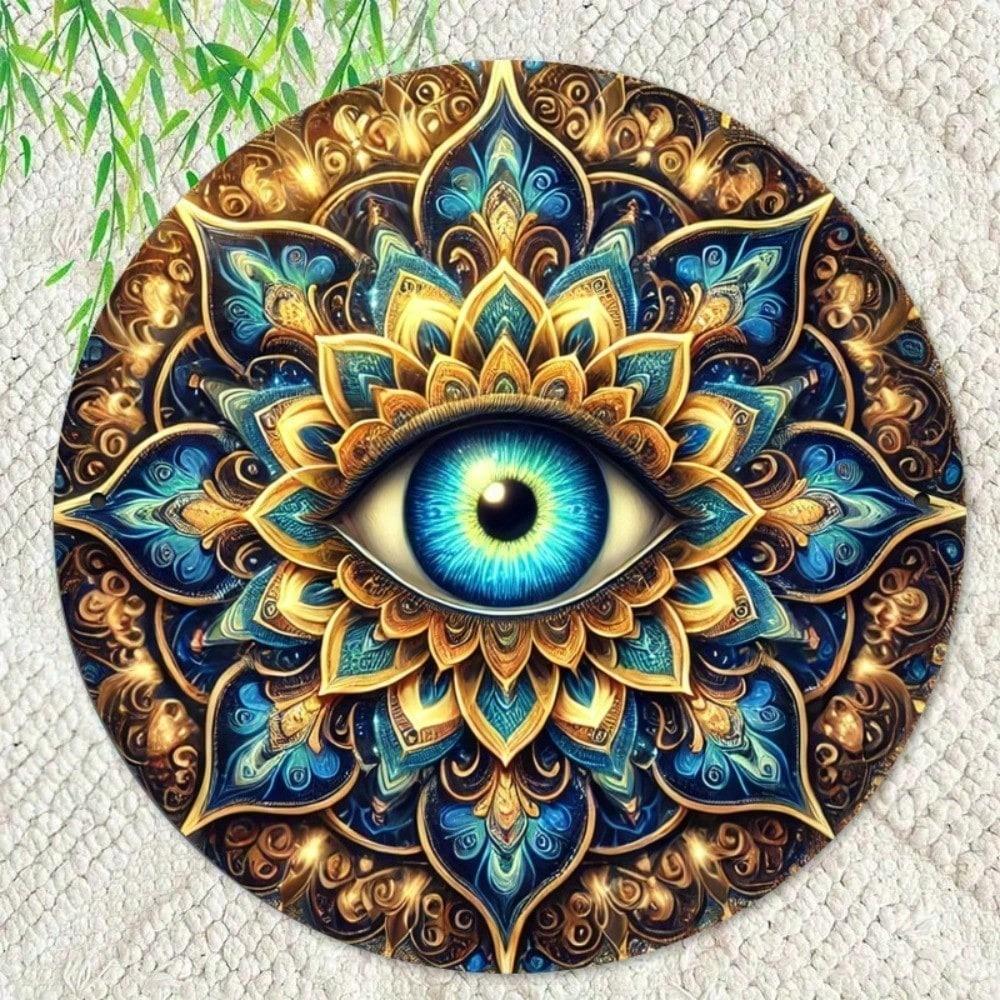 Vintage Mandala Metal Wall Art Retro Farmhouse Round Iron Sign With Eye Design 7.87 Inch Home Decor