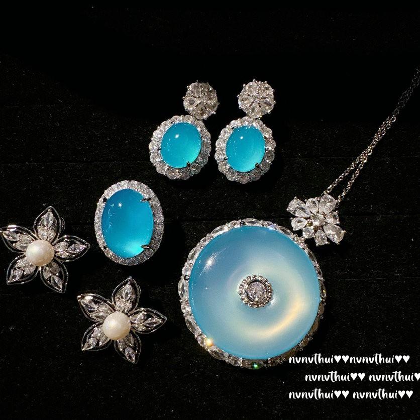 Turkish Blue Chalcedony Safety Buckle Gemstone Necklace, Watery, Plated With 18K Gold, Chalcedony Flower Zircon Earrings.