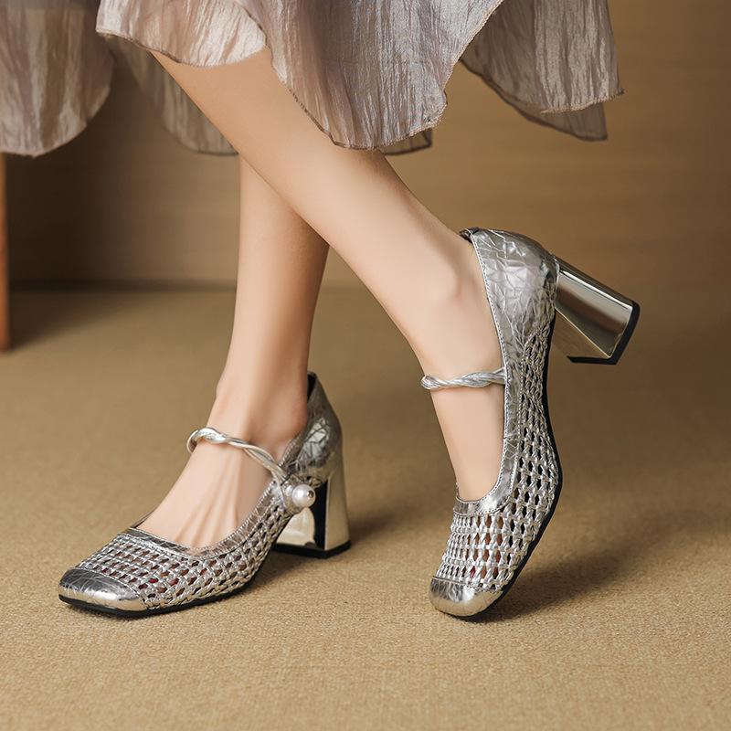 Sheepskin woven hollow sandals women's hole shoes leather shoes thick heel with Mary Jane shoes summer high heels