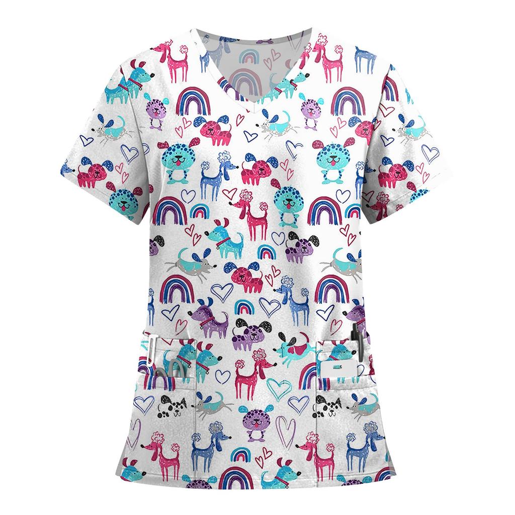 Women's Fashion Printed Short Sleeve V Neck Pattern Tops Pocket Working T-shirts