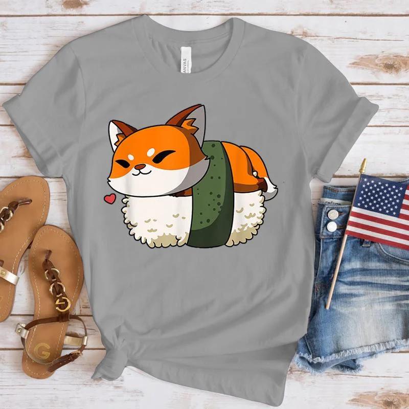 Harajuku T-shirts Sushi Fox Print Funny Cartoon T Shirt Women Ullzang Fashion T-shirt 90s Kawaii Tshirt Graphic Top Tees Female