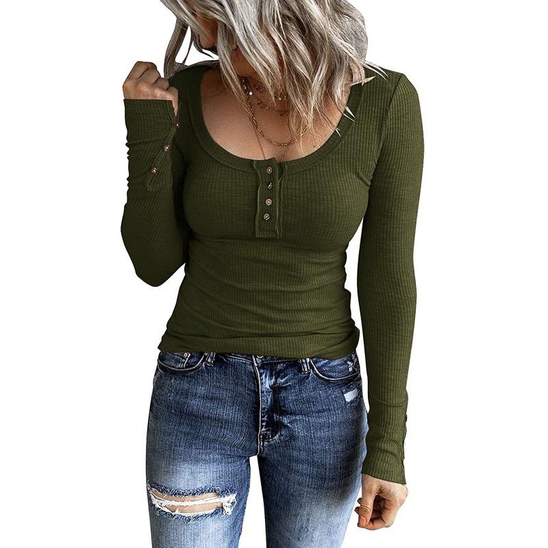 Autumn Women's Button Vest Color V-neck Fashion Long Sleeved T-shirt Top