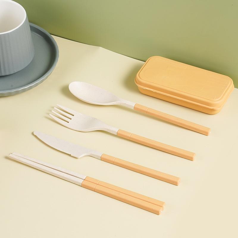 Japanese-Style Wheat Straw Cutlery Set Knife Fork Spoon Chopsticks - Three-Piece Folding Portable Cutlery