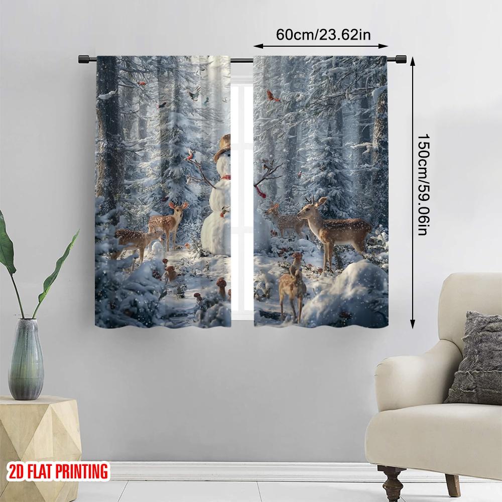 2pcs,2D Plane Printing Curtains Roller Blinds Snowman & Reindeer Versatile 100% Polyester (without Rod) Outdoor Decorations