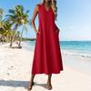 Women Sleeveless Casual V Neck Midi Dress with Zipper and Pockets Relaxed Fit Solid Color Tank Dress