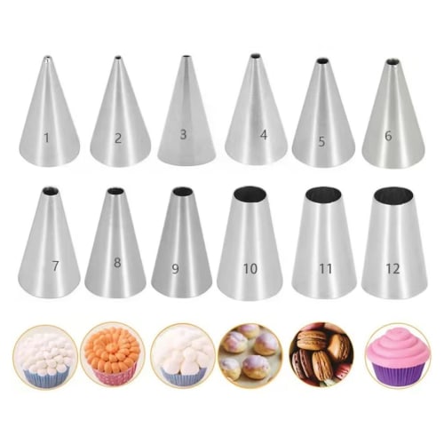Set of 12 Stainless Steel Round Piping Tips for Cake, Cookie, and Small Mont Blanc Decorations (Silver Round Tips)