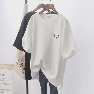 Women's College Style Smiley Face Printed Cotton T-shirt - Medium-length, Short-sleeved, 2025 Summer Collection