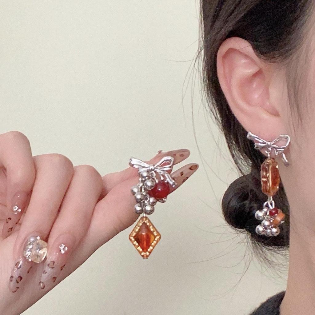 Amber Candy Asymmetrical Diamond Pendant Earrings - Elegant, Retro, Multi-Sphere Design for Women