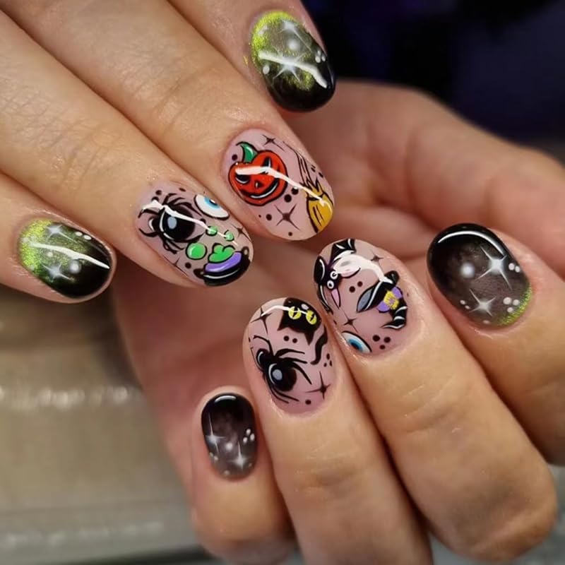 24 Pcs Halloween Press On Nails Short CEWEWP Square Cartoon Fake Nails Mummy Patch Press Ons Nail Tips Orange French Glue On Nails with Terror