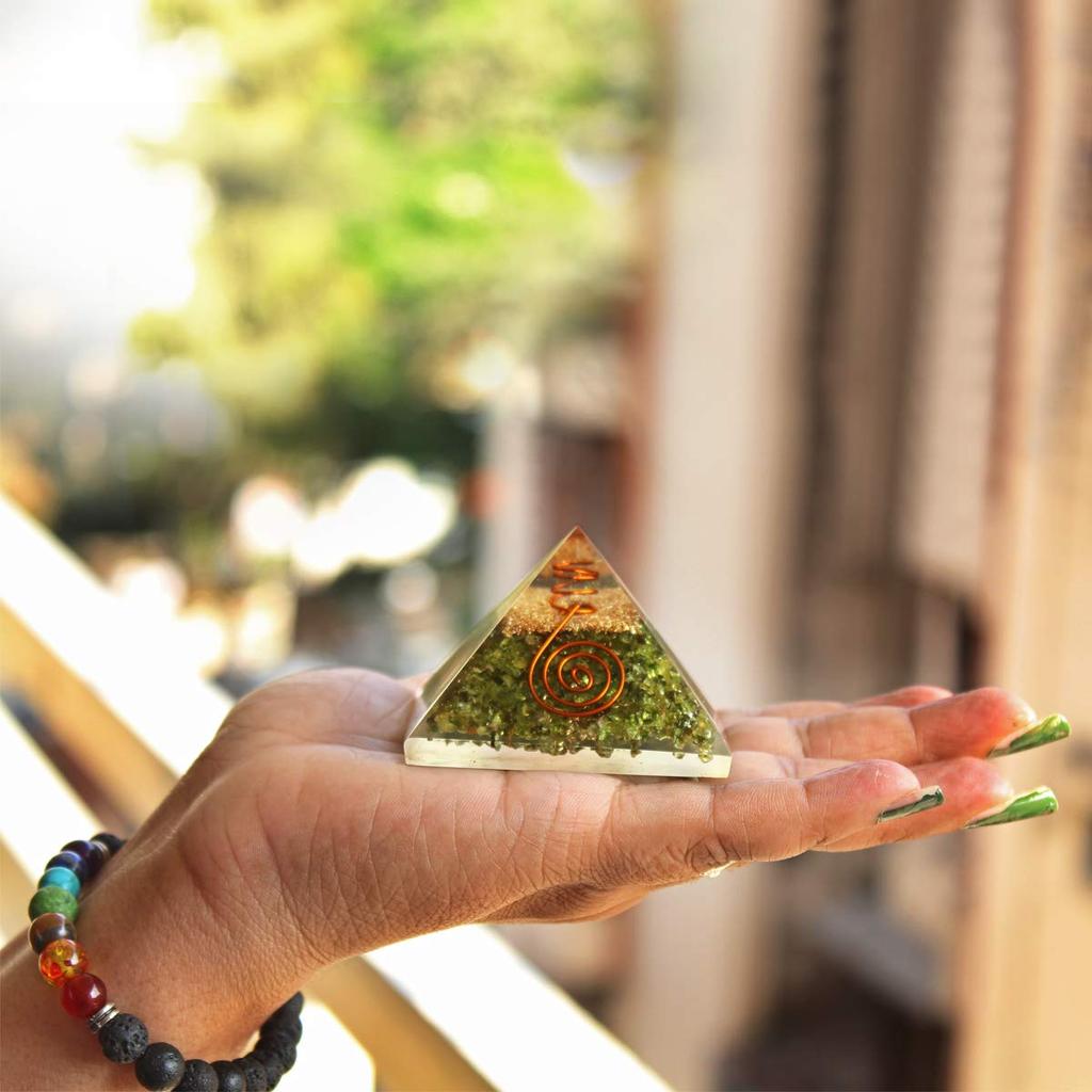 9Dzine Energy Generator Crystal Peridot Orgone Pyramid for EMF Protection Peridot Raw Chips Orgone Pyramid for Vastu Correction Aura Cleansing St