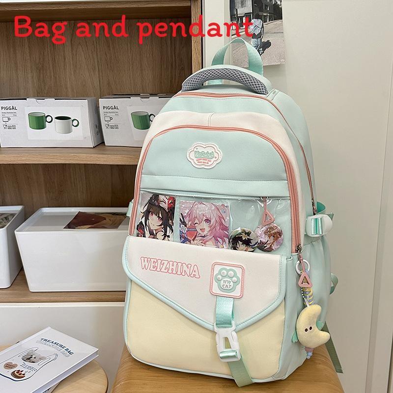Color Blocked Fashionable Letter Printed Student Backpack With Pendant Daily For