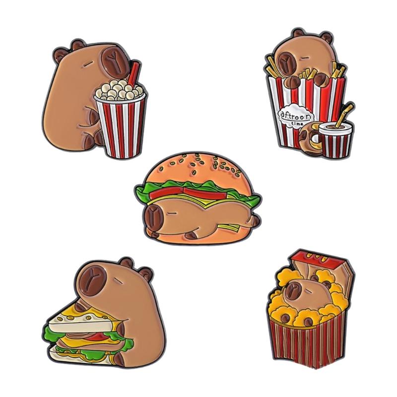 

Pack of 5 Capybaras Series Hamburger Fries Metal Enamel Pin Cartoon Animal Theme Alloy Accessories for Bags Hats 1