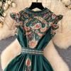 New Summer Pirnt Women Flower Turn Down Collar Flying Sleeve Belt Single Breasted Boho Holiday Party Dresses