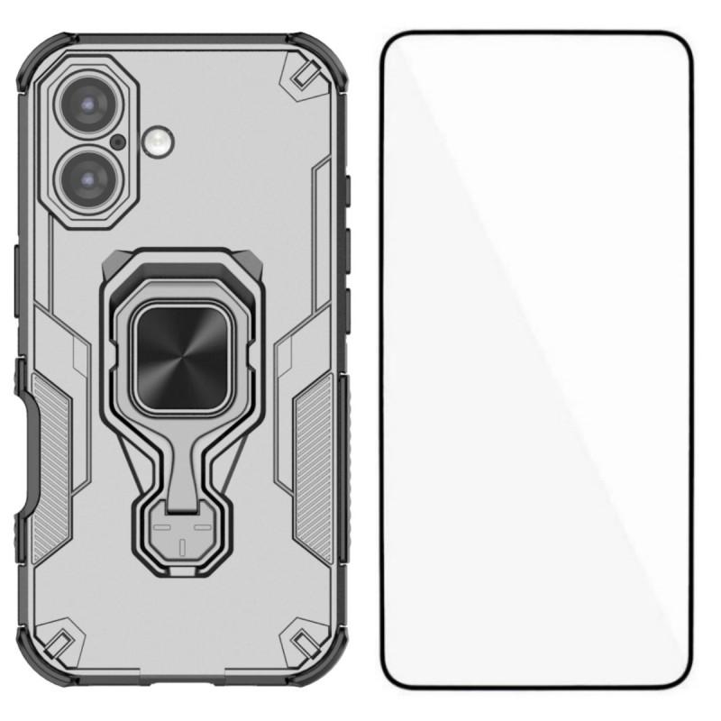 

For iPhone 16 Plus Phone Case WANLONFENG PC TPU Back Cover Kickstand with Tempered Glass Grey