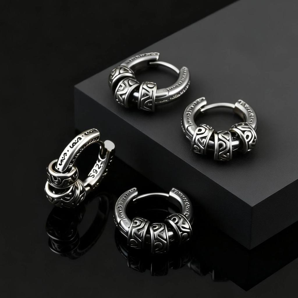 Vintage Totem Vine Pattern Hoop Earrings for Men, Hypoallergenic Metal Huggies Earrings, Rock Punk Piercing Jewelry Gift