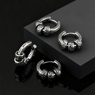 Vintage Totem Vine Pattern Hoop Earrings for Men, Hypoallergenic Metal Huggies Earrings, Rock Punk Piercing Jewelry Gift
