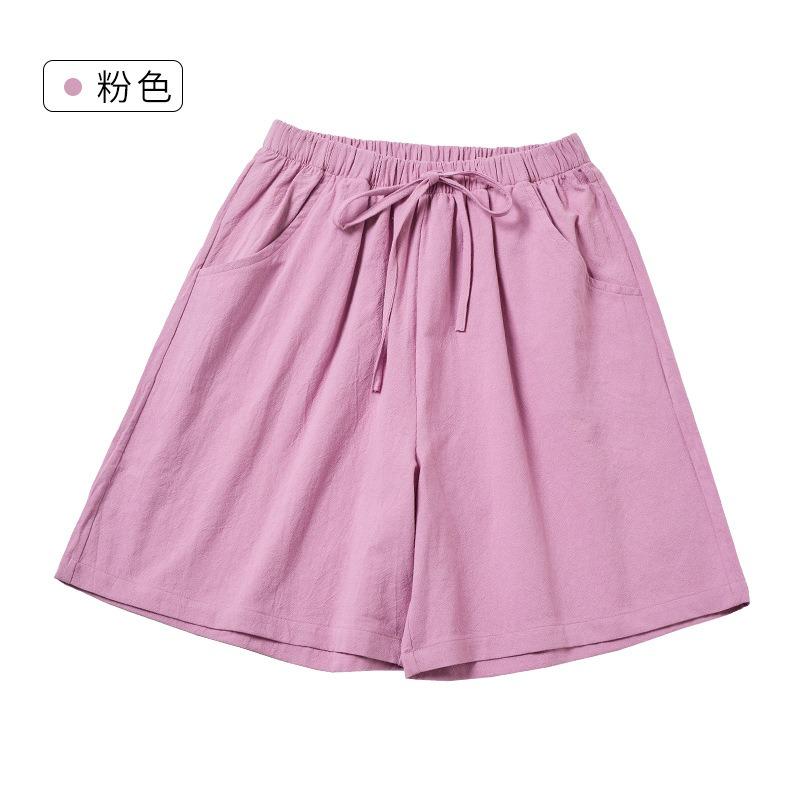 Cotton and Linen Five Quarter Pants Spring Leisure Sports Loose High Waist Wide Leg Pants Casual Shorts Women