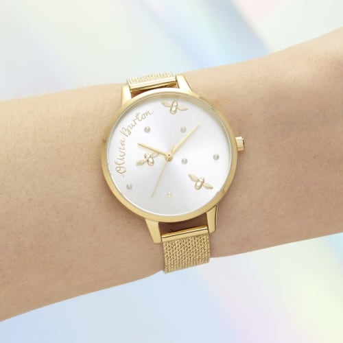 Authorized Retailer: OLIVIA BURTON Women's Watch OB16PP06 Pearly Queen Gold Boucle Mesh