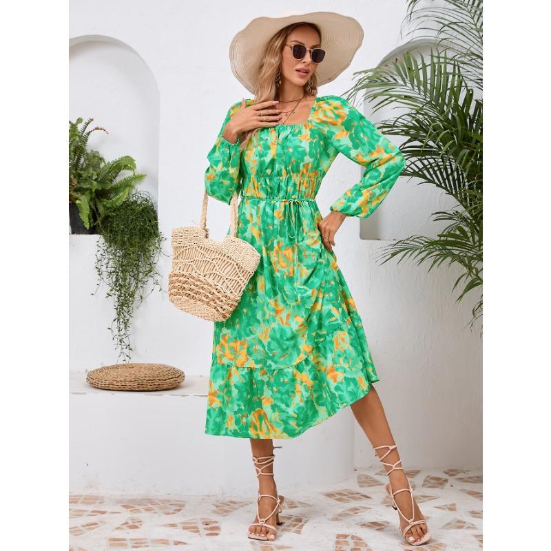 Spring and Autumn Women's Long Sleeve Printed Dress Slim Temperament Mid-Length Dresses