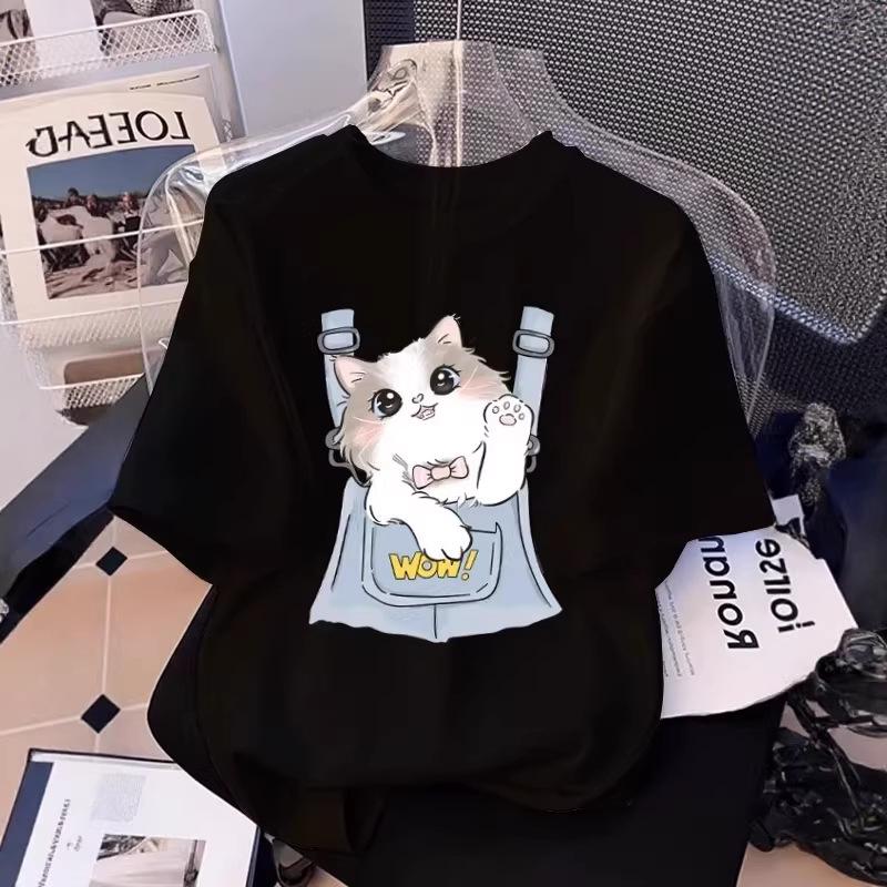 Cross-Border E-commerce Women's Cartoon Kitten Print Short-Sleeve T-Shirt, 2026 Summer, Plus Size, Loose Fit, Trendy Slimming Design.