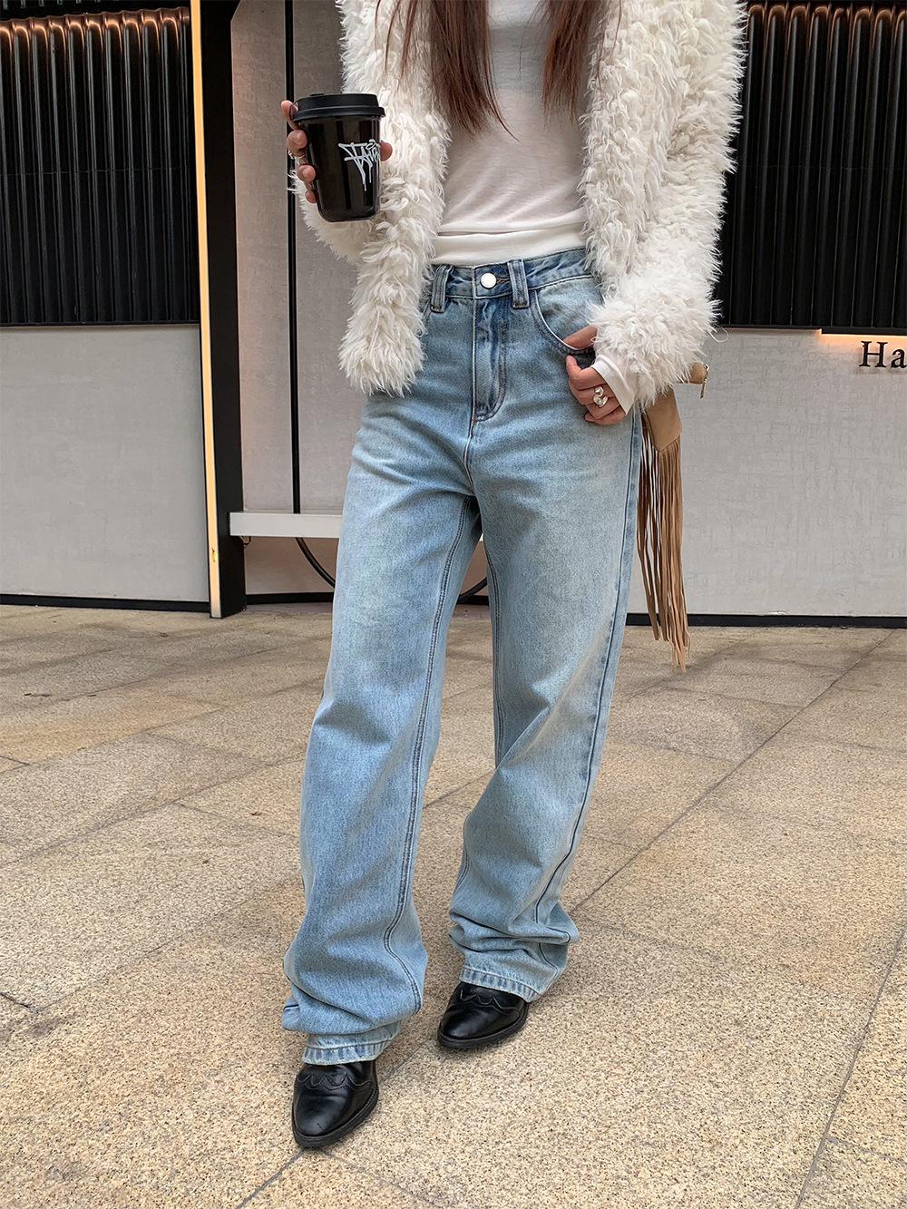 

Autumn Winter Women s Retro Leather Patch Straight Leg Jeans 3L S синий